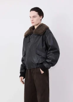 Clearance BLOUSON EN CUIR À COL SHEARLING Femme Vestes & Outerwear