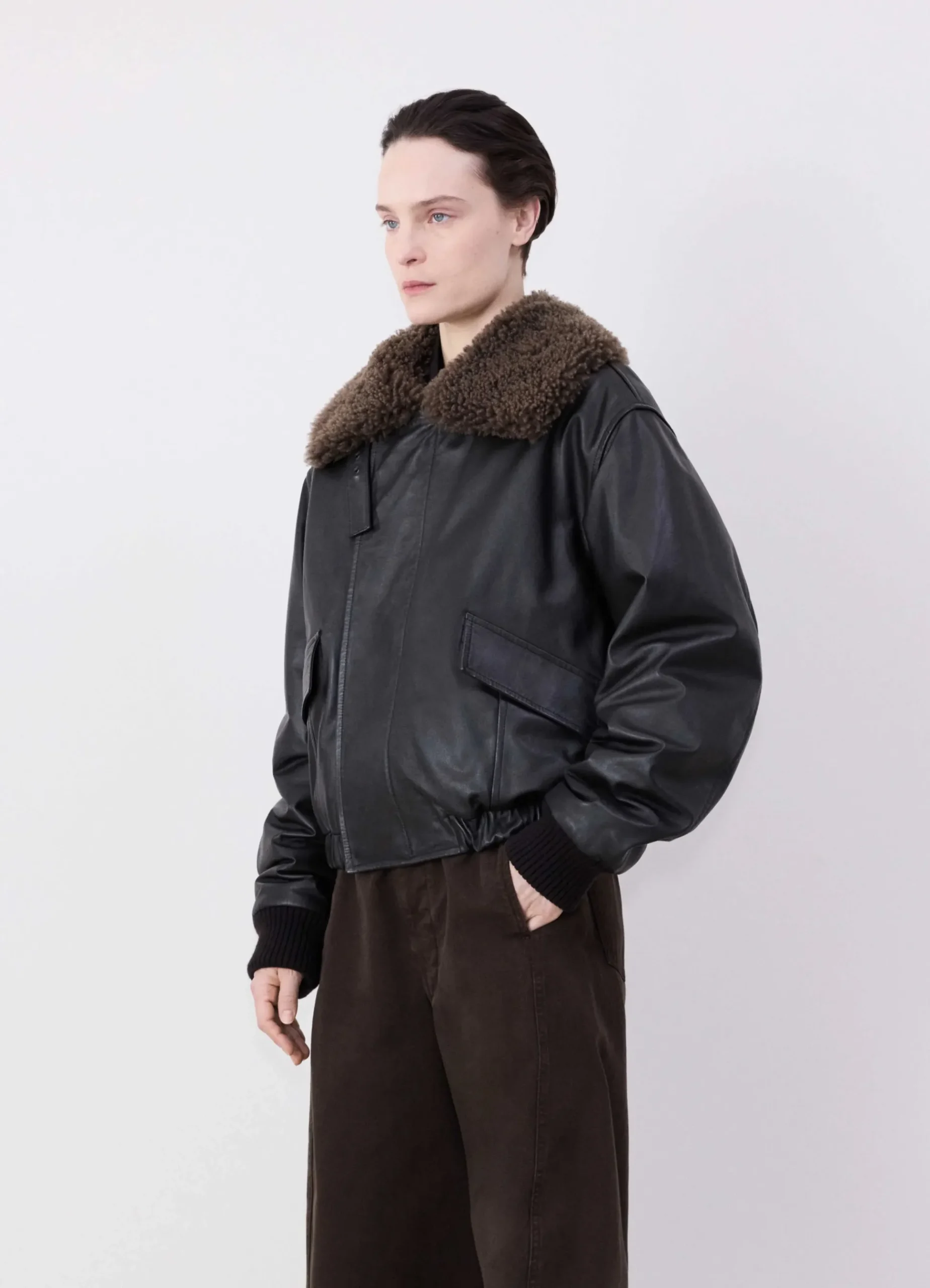 Clearance BLOUSON EN CUIR À COL SHEARLING Femme Vestes & Outerwear